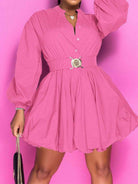 Hot Pink Notched Button Up Balloon Sleeves Dress Plus Size Clothes