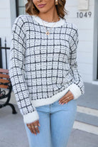 Gray Plaid Round Neck Long Sleeve Pullover Sweater