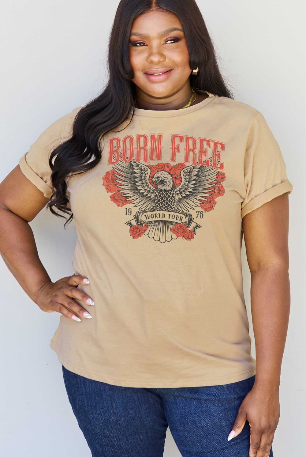 Tan Simply Love Full Size BORN FREE 1976 WORLD TOUR Graphic Cotton T-Shirt Graphic Tees
