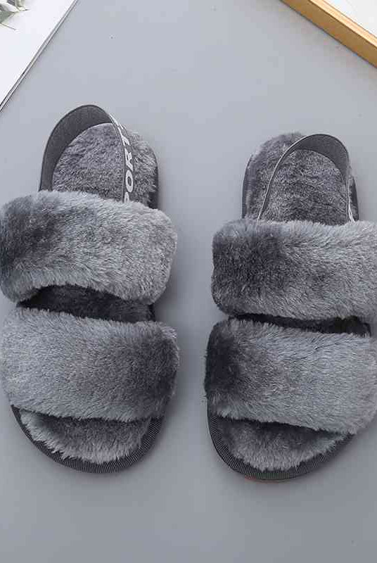 Dark Gray Cozy Season Faux Fur Open Toe Slippers House Shoes