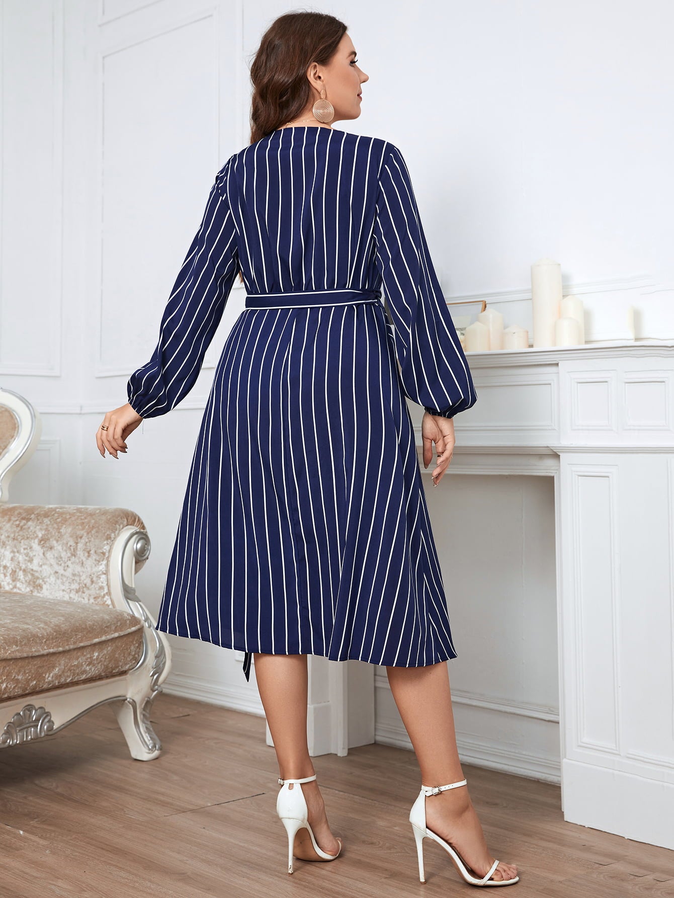 Light Gray She Knows She's A Ten Plus Size Striped Surplice Neck Long Sleeve Dress Plus Size Dresses