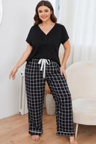 Light Gray Plus Size V-Neck Top and Plaid Pants Lounge Set