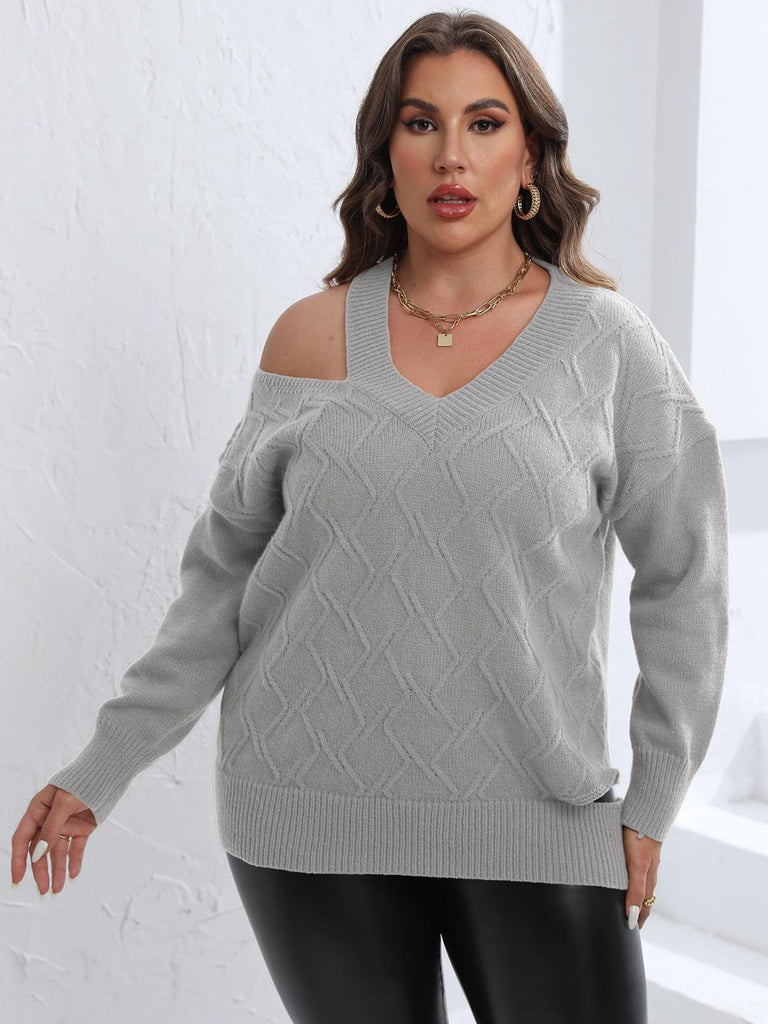 Gray Plus Size Cutout V-Neck Sweater Clothing