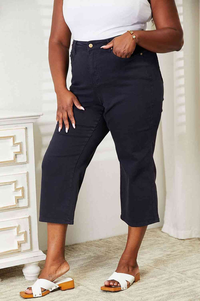 Dark Slate Gray Judy Blue Full Size High Waist Tummy Control Garment Dyed Wide Cropped Jeans Work Attire