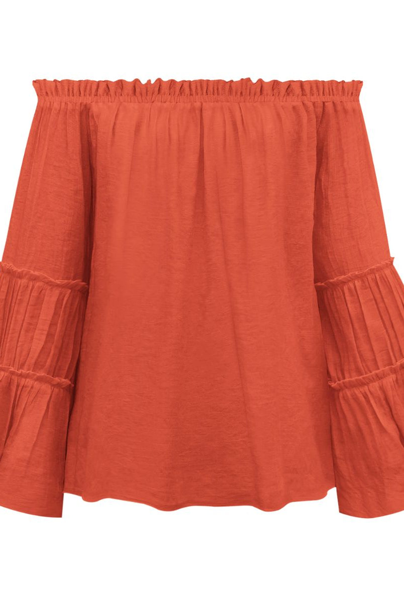 Chocolate Off-Shoulder Frill Trim Blouse Tops