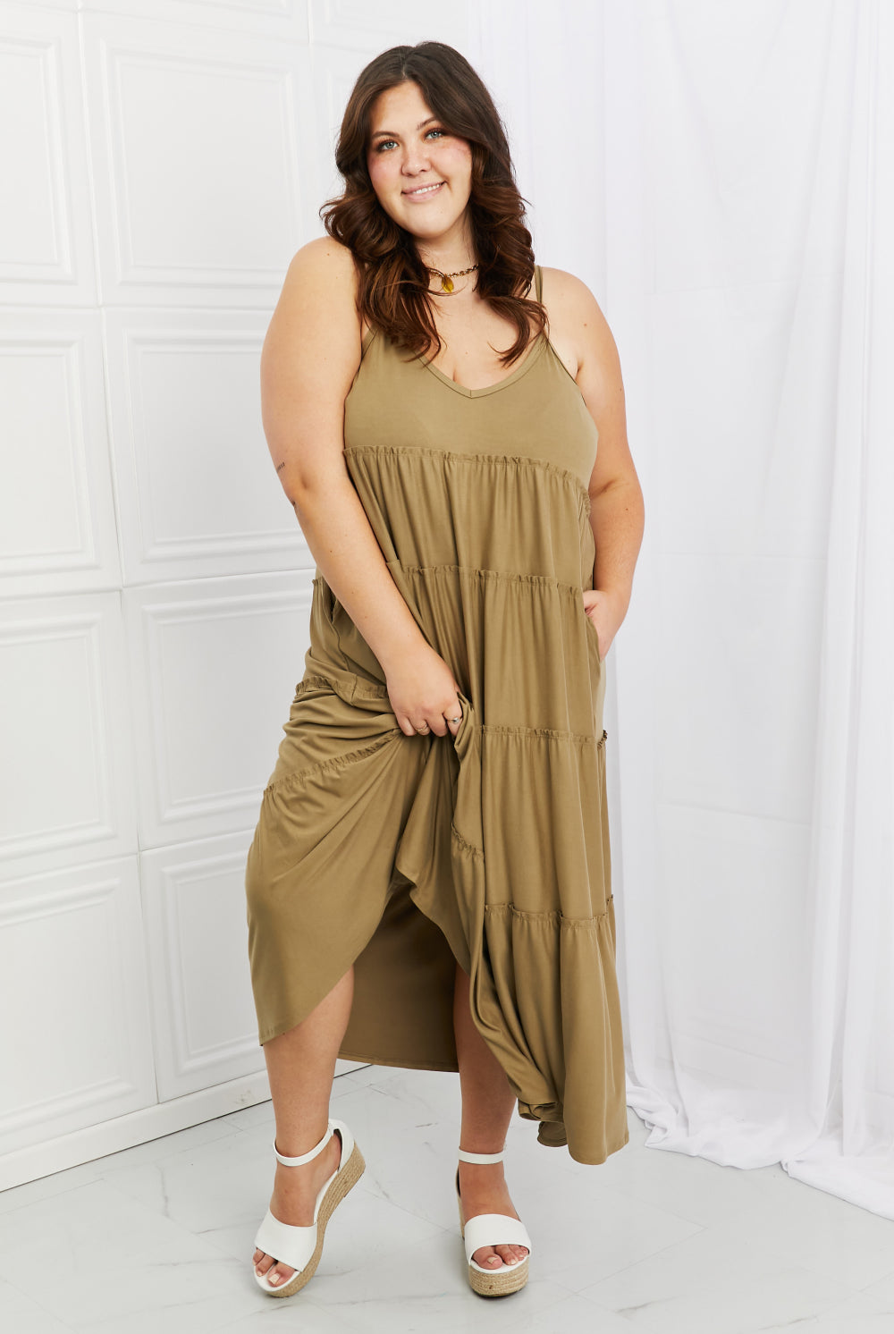 Light Gray Zenana Full Size Spaghetti Strap Tiered Dress with Pockets in Khaki Plus Size Clothes