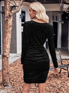 Black Glitter Ruched Cowl Neck Wrap Dress Clothing