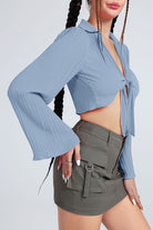 Gray Tie Front Johnny Collar Flare Sleeve Cropped Top Clothing