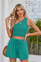 Sea Green Smocked One-Shoulder Sleeveless Top and Shorts Set Outfit Sets