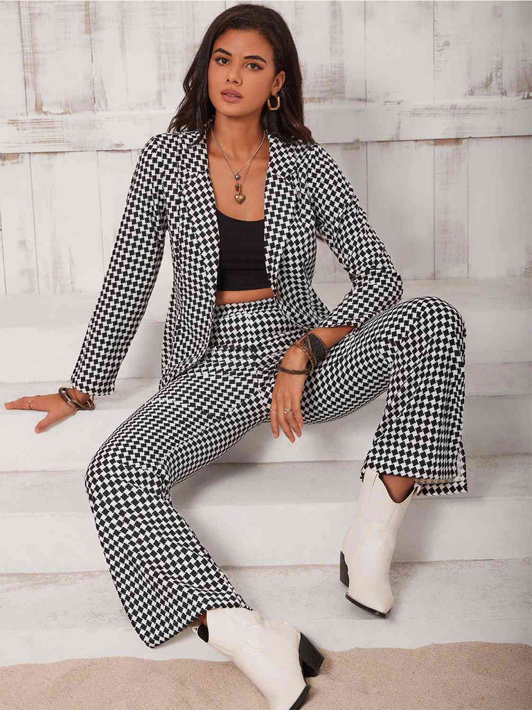 Gray Checkered Blazer & Slit Pants Set Holiday