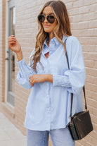 Gray Striped Lantern Sleeve Collared Shirt Tops