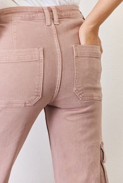 Rosy Brown RISEN Full Size High Rise Cargo Wide Leg Jeans Denim