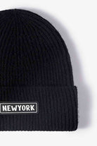 Black NEWYORK Patch Rib-Knit Cuffed Beanie Winter Accessories