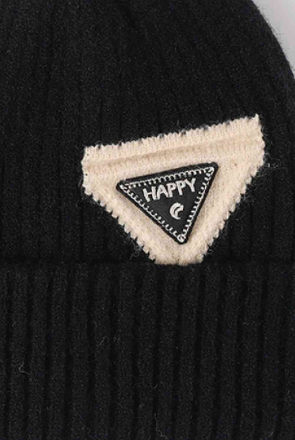 Black HAPPY Contrast Beanie Winter Accessories