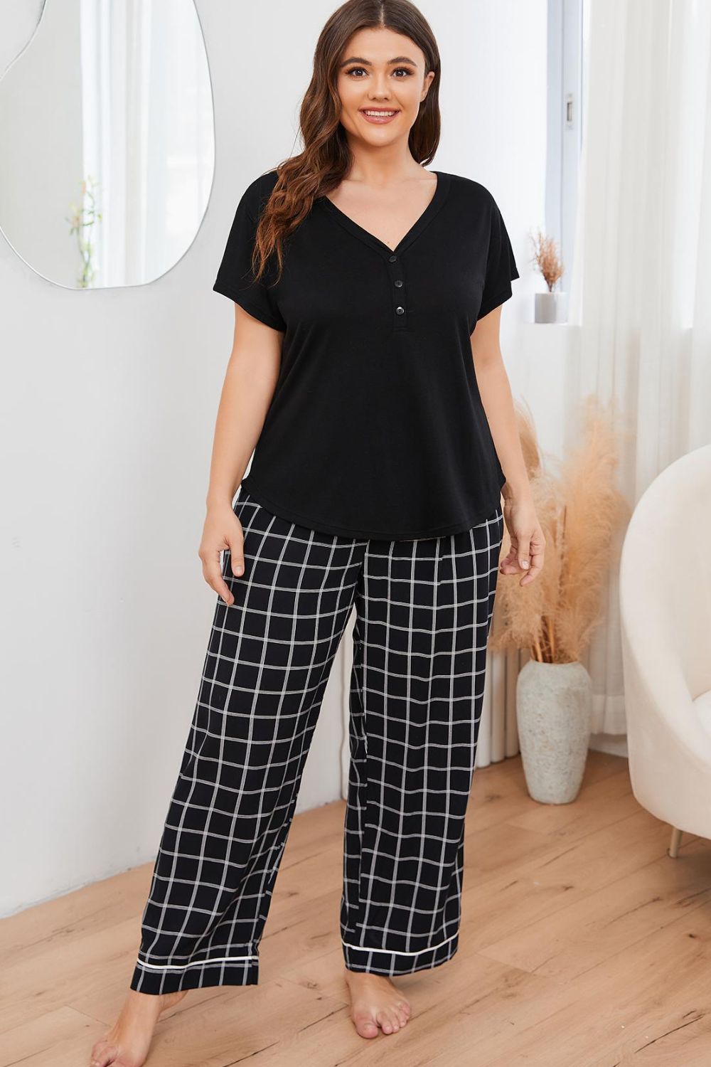 Gray Plus Size V-Neck Top and Plaid Pants Lounge Set