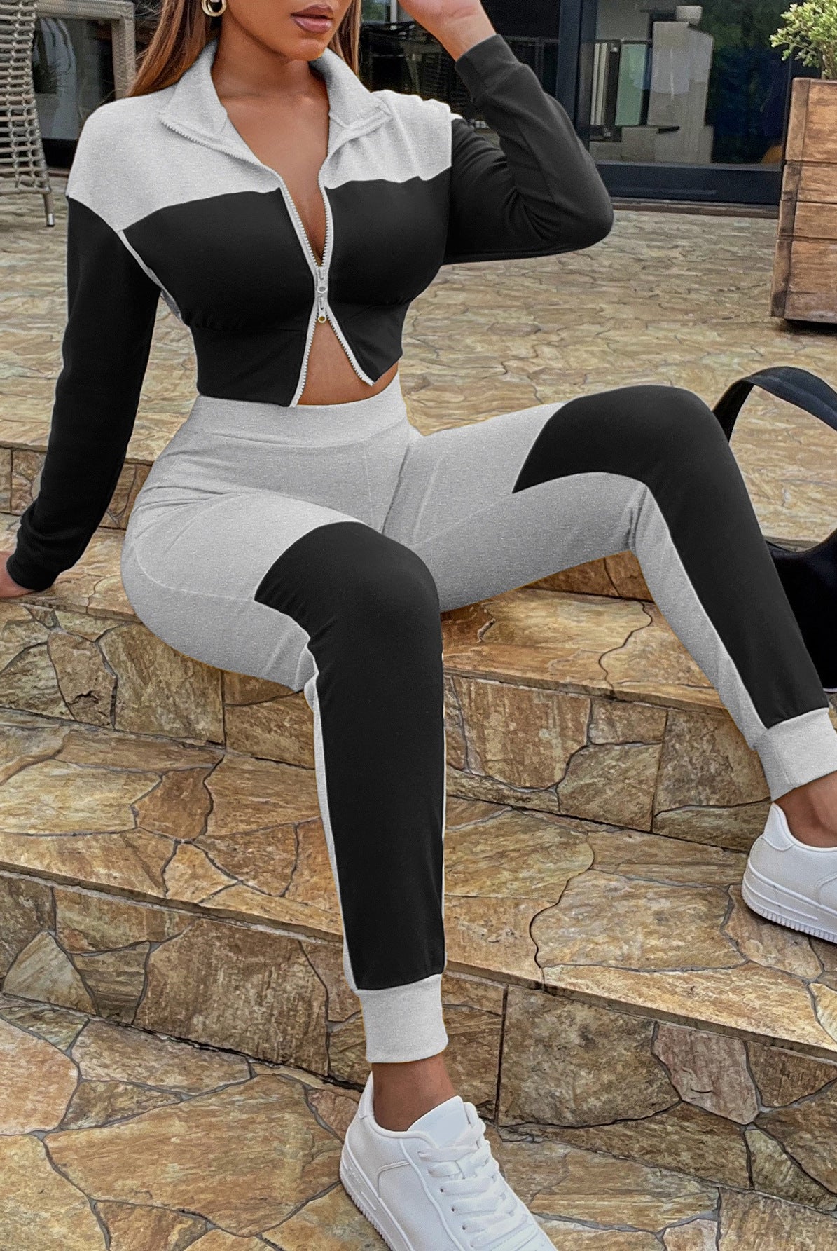 Dim Gray Two-Tone Collared Neck Top and Joggers Set Outfit Sets