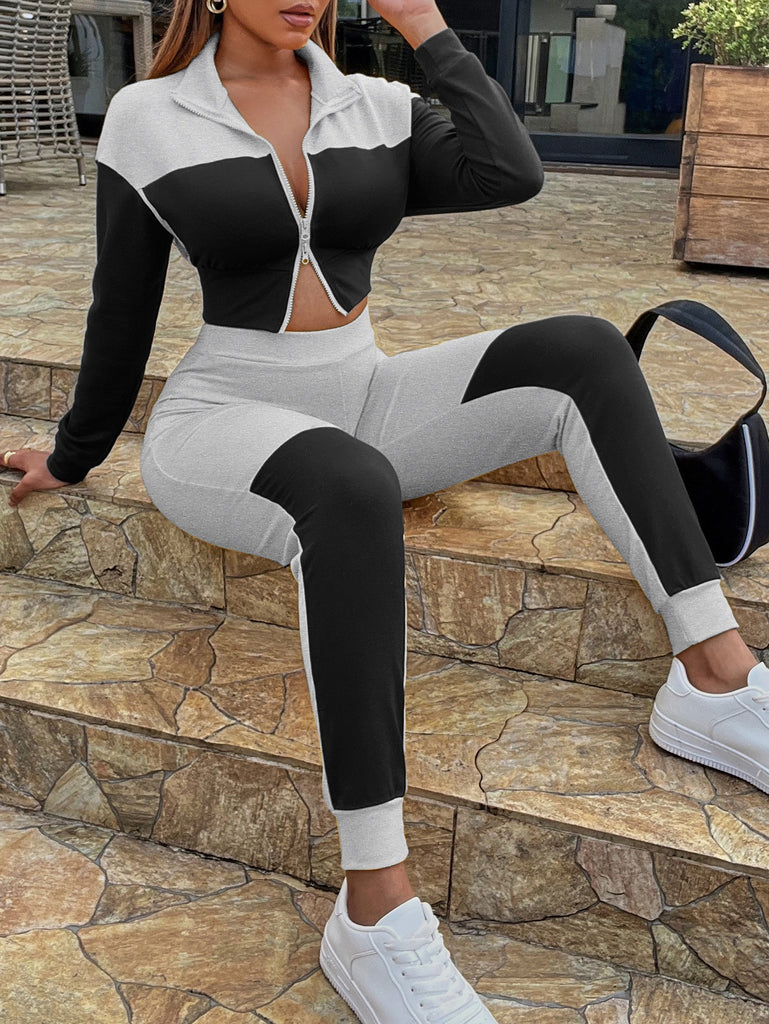 Dim Gray Two-Tone Collared Neck Top and Joggers Set Outfit Sets