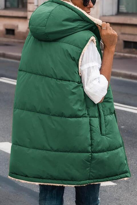 Dark Slate Gray Zip-Up Longline Hooded Vest Winter Accessories