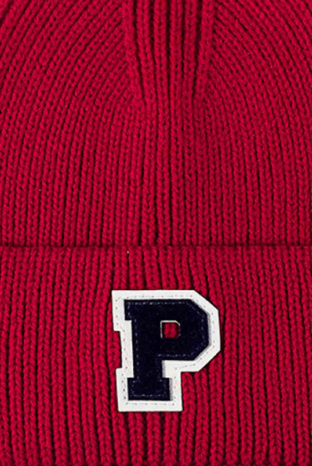 Dark Red Letter Patch Cuffed Knit Beanie Winter Accessories