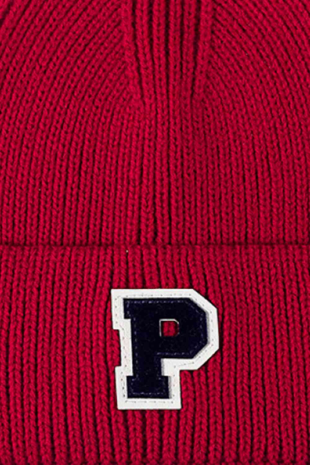 Dark Red Letter Patch Cuffed Knit Beanie Winter Accessories