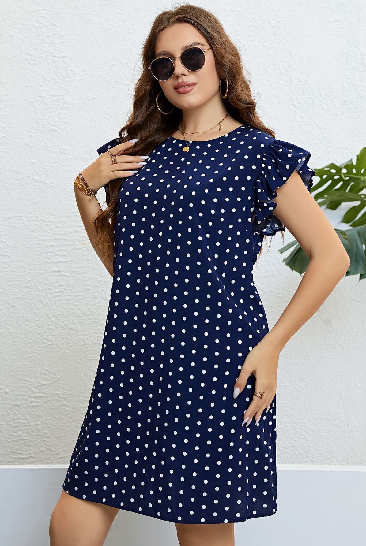 Midnight Blue See You Later Boy Plus Size Polka Dot Round Neck Dress Plus Size Dresses