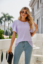 Gray Eyelet Flutter Sleeve Round Neck Top Tops