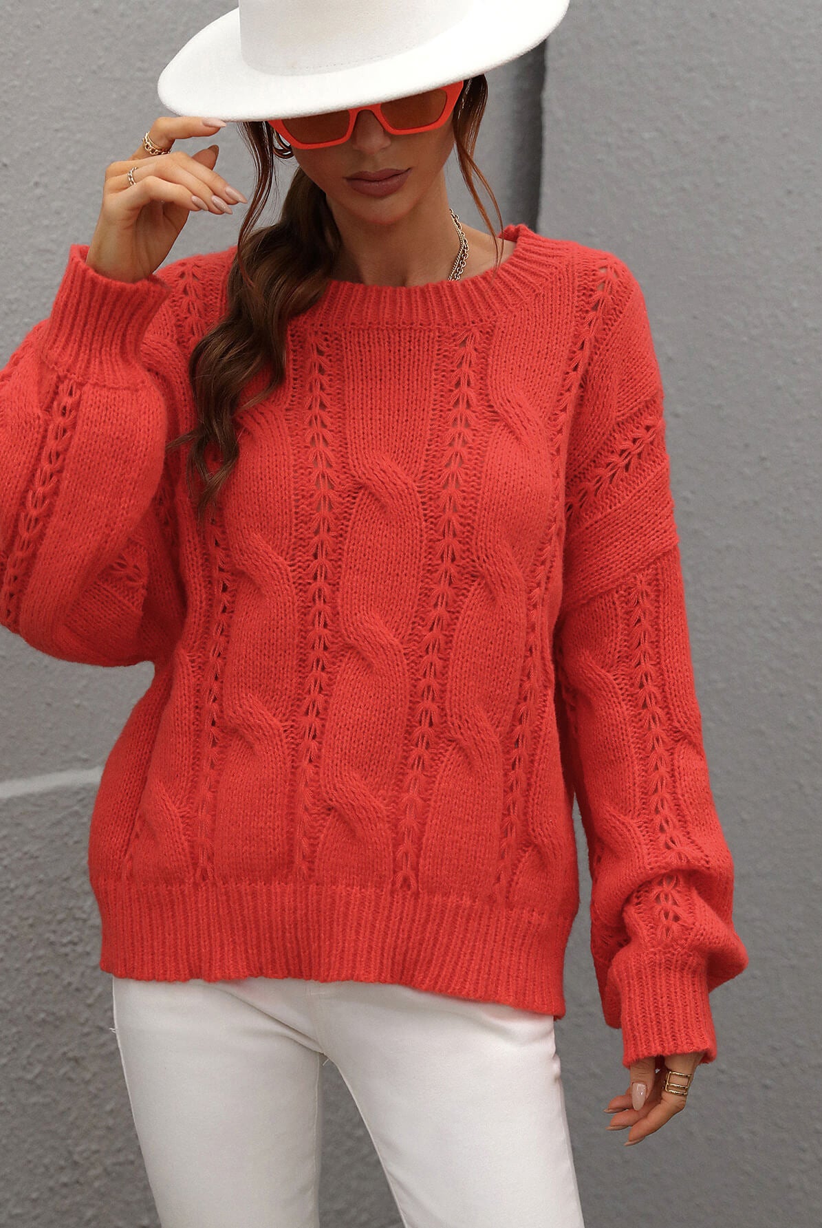 Sienna One On One Cable-Knit Openwork Round Neck Sweater Shirts & Tops