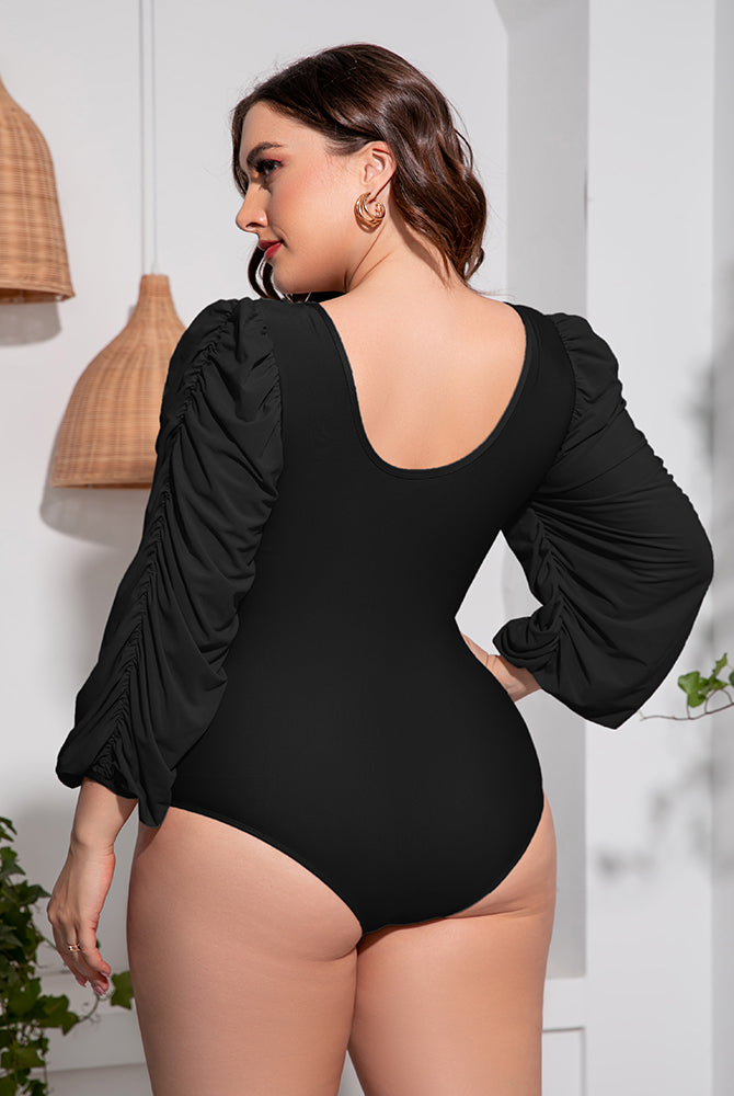 Gray Plus Size Tied Deep V Balloon Sleeve One-Piece Swimsuit Plus Size Clothes