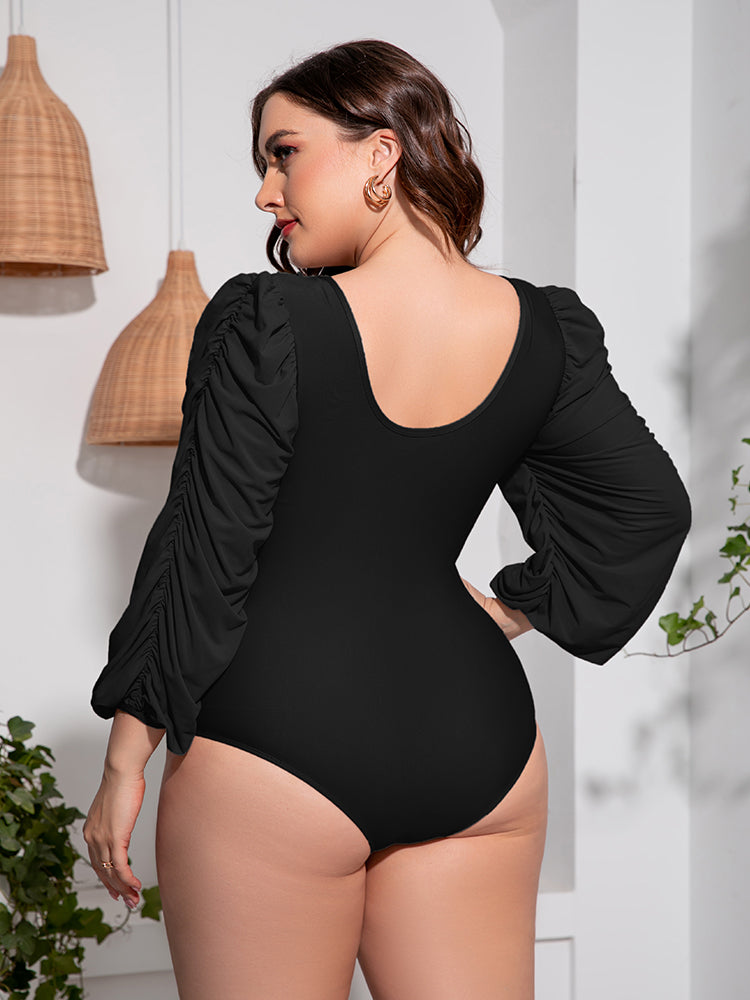 Gray Plus Size Tied Deep V Balloon Sleeve One-Piece Swimsuit Plus Size Clothes