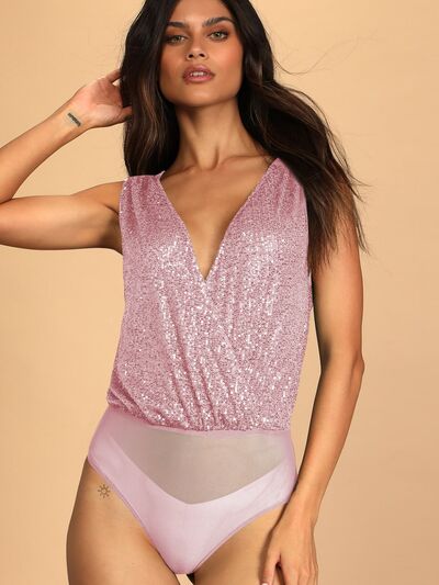 Tan Sequin Surplice Sleeveless Bodysuit Clothing