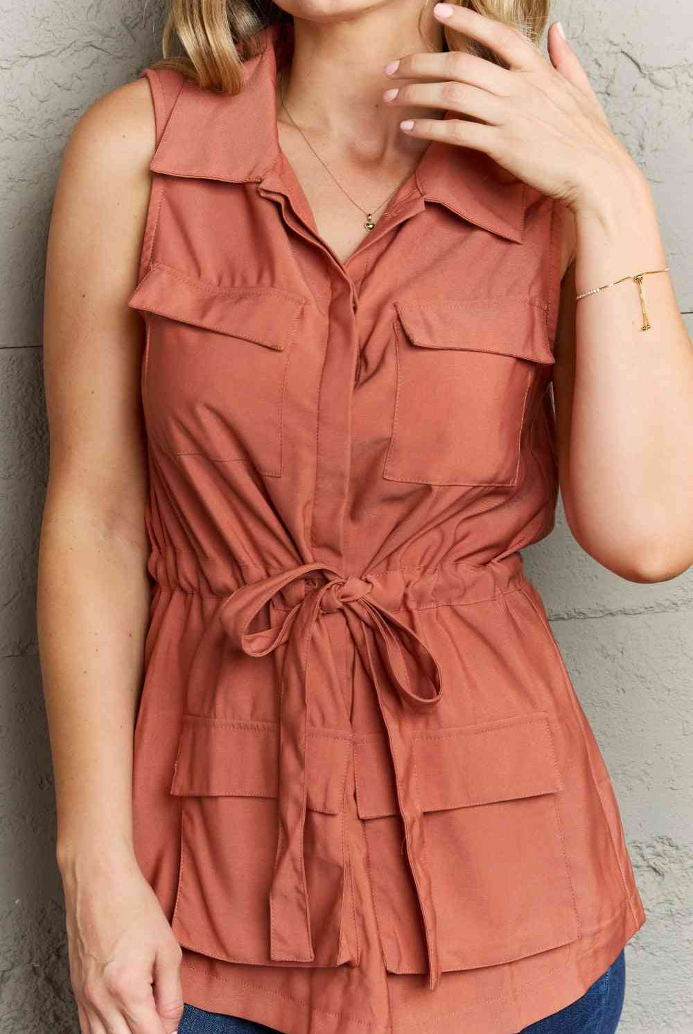 Rosy Brown Ninexis Follow The Light Sleeveless Collared Button Down Top Clothing