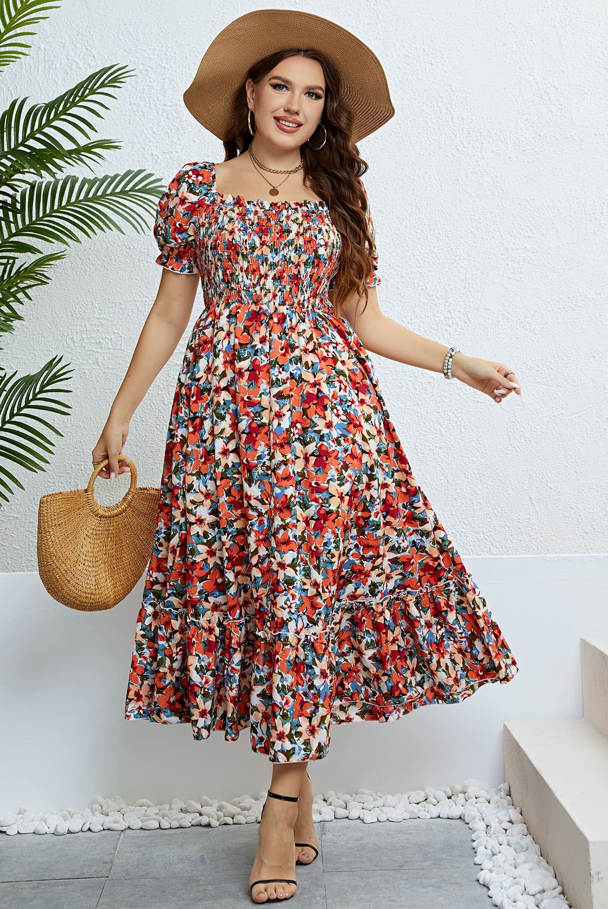 Light Gray Friends Are The Cure Plus Size Floral Smocked Square Neck Dress Maxi Dresses