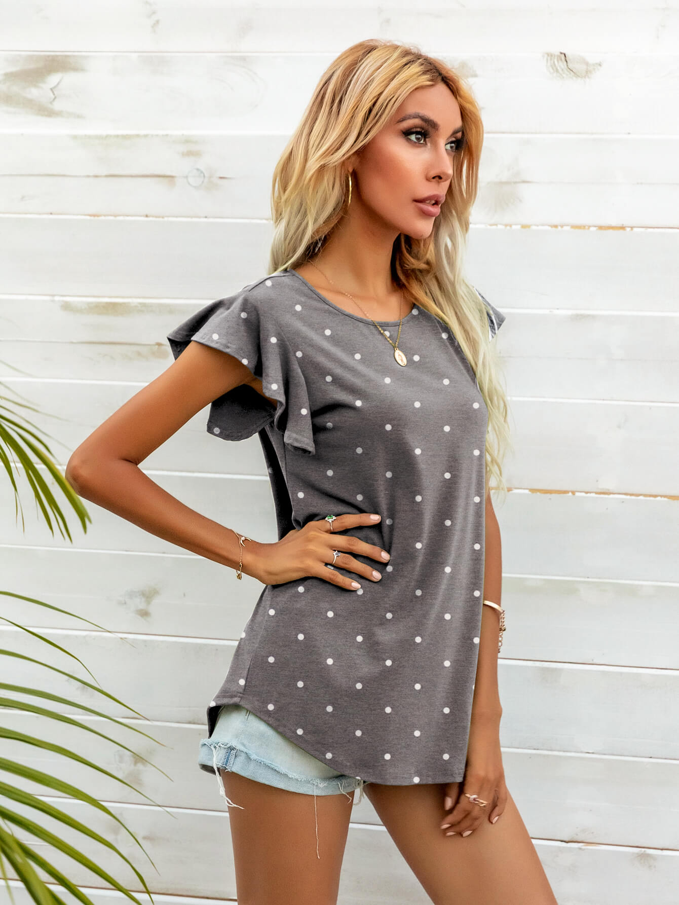 Light Gray Round Neck Butterfly Sleeve Top Tops