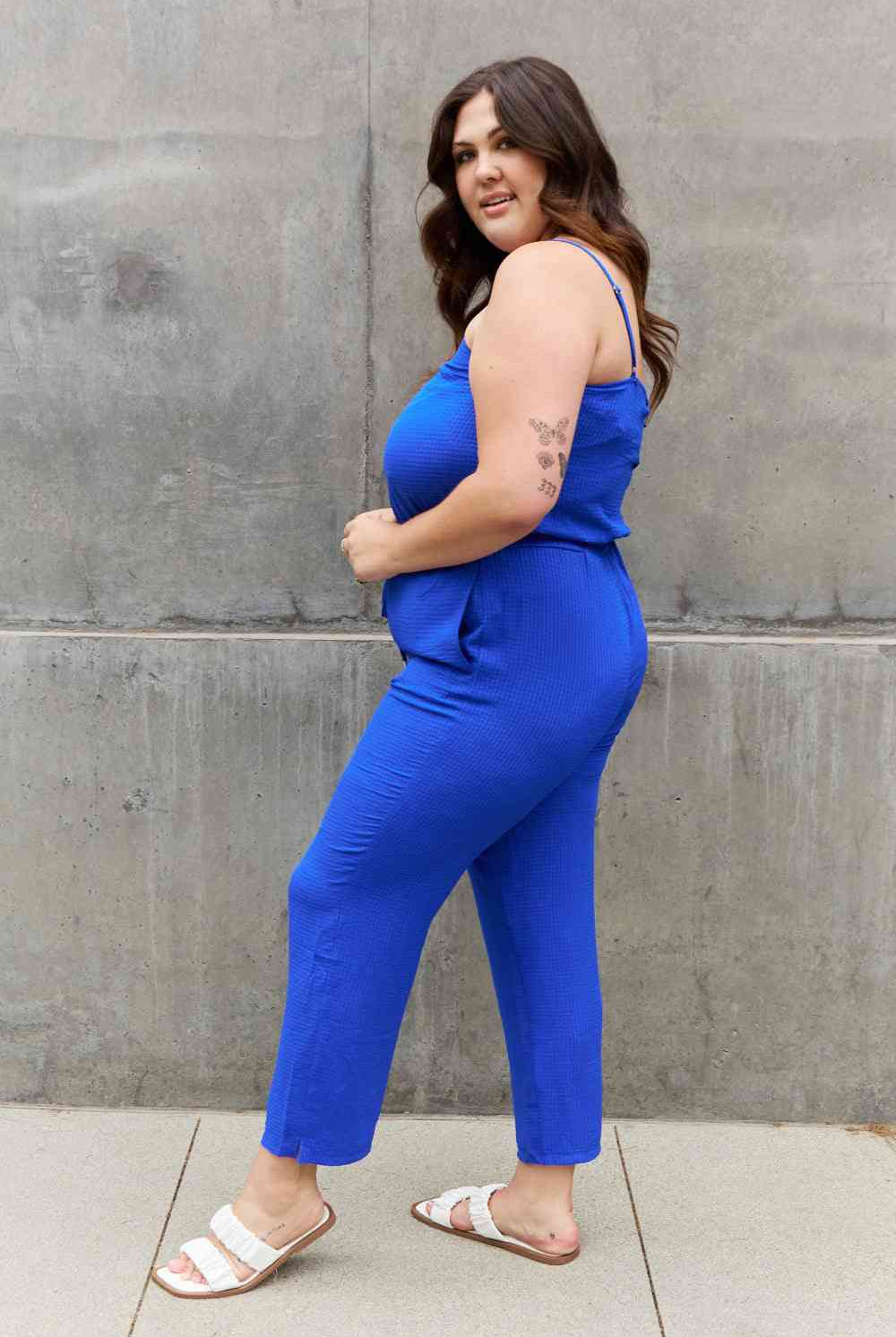 Dark Gray ODDI Full Size Textured Woven Jumpsuit in Royal Blue Clothing