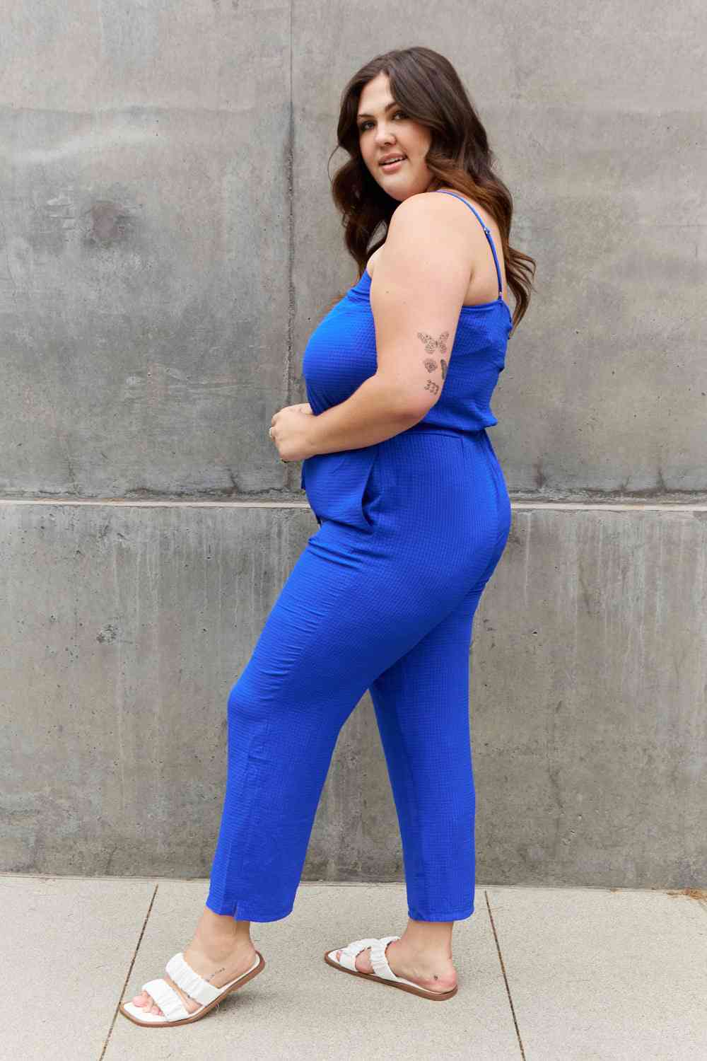 Dark Gray ODDI Full Size Textured Woven Jumpsuit in Royal Blue Clothing
