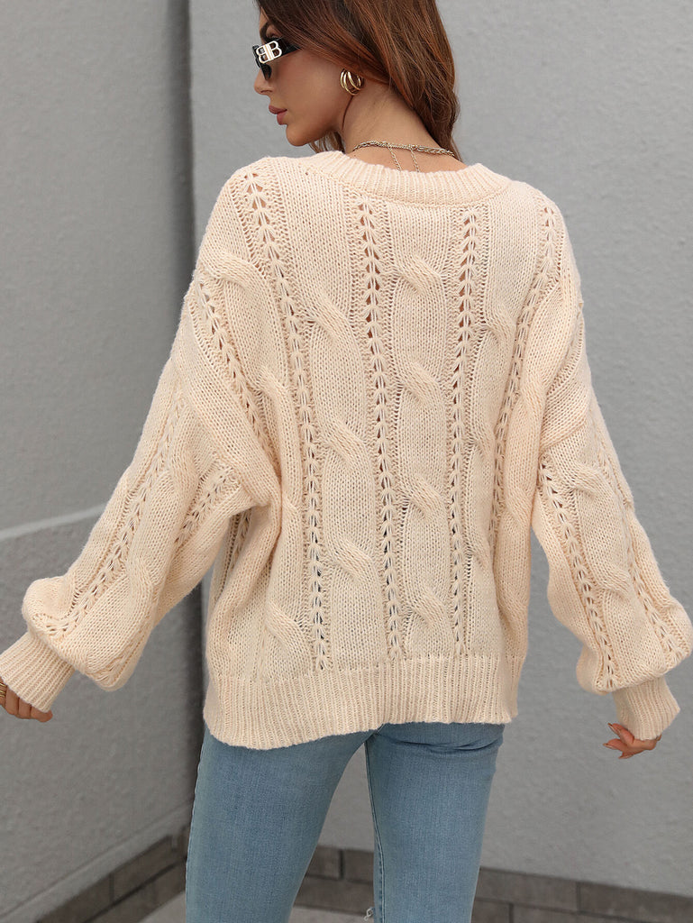 Rosy Brown One On One Cable-Knit Openwork Round Neck Sweater Shirts & Tops