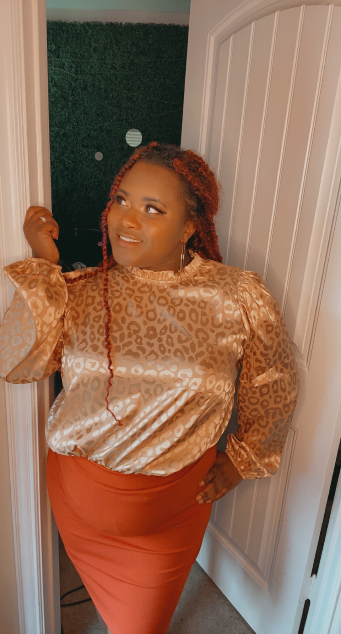 Rosy Brown Chelsea Plus Size Mandarin Collar Leopard Print Satin Top Plus Size Tops