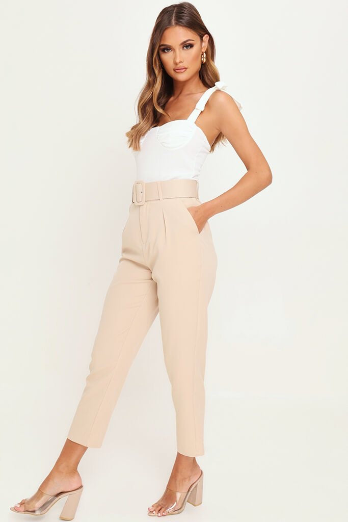 Beige Nicole Slim Fit Belted Pocket Pants Pants